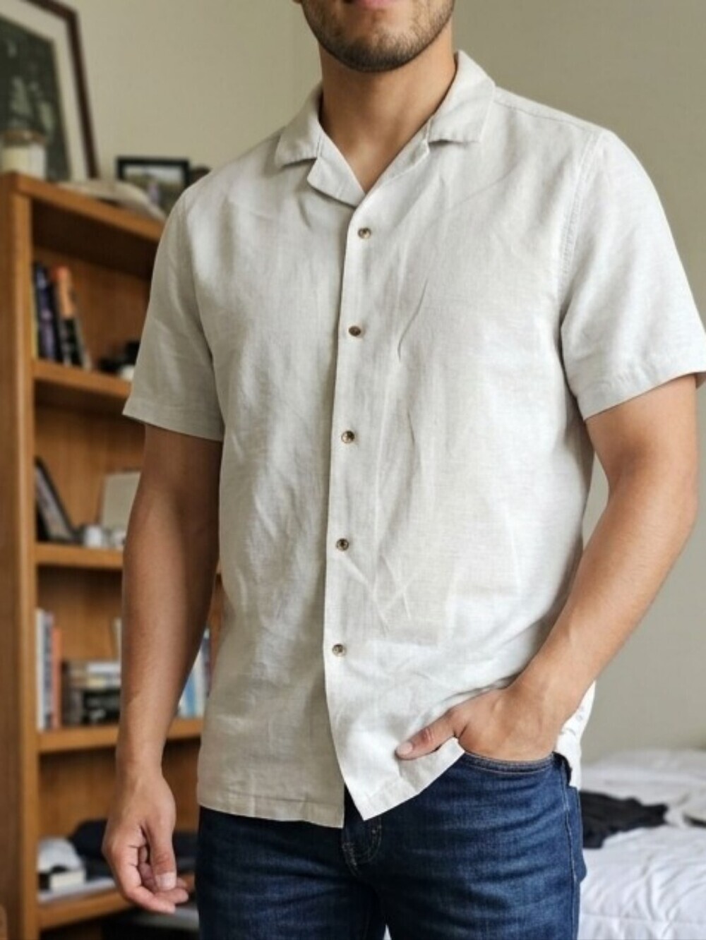 SET 2 Piezas  100 % LINEN  Men's Light Gray Short Sleeve Button-Down Camp Shirt